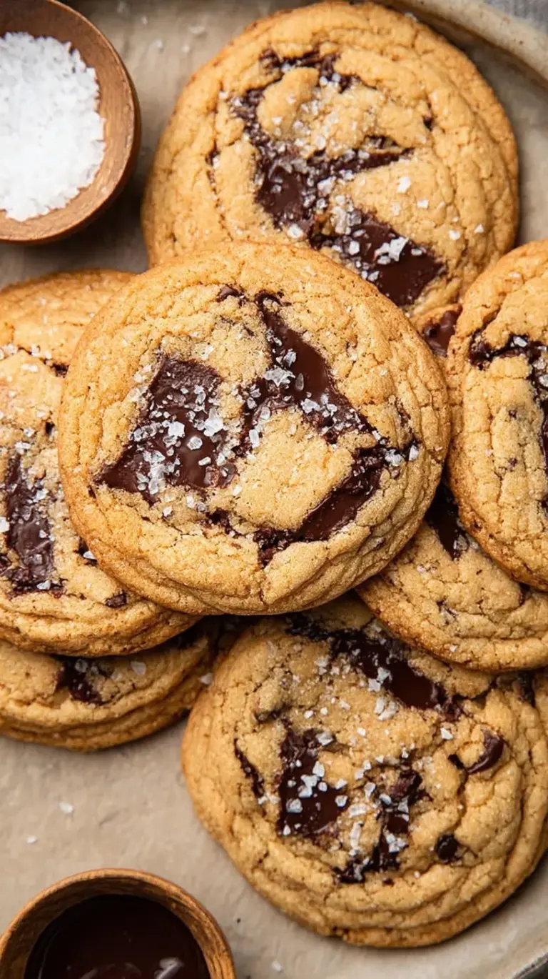 A stack of thick, chewy brown butter chocolate chip cookies with melted chocolate puddles and flaky sea salt.