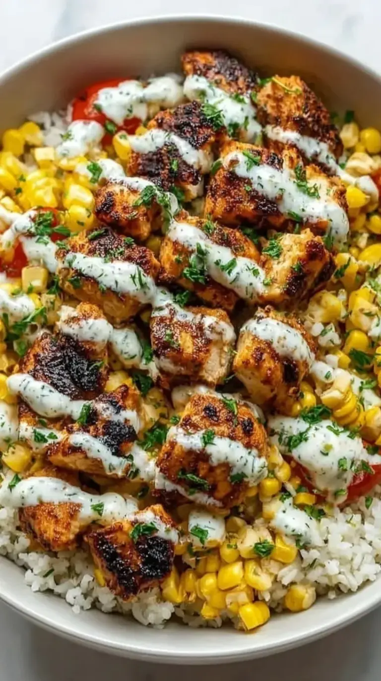 A vibrant chicken bowl with charred corn, creamy lime dressing, and fresh avocado over rice.