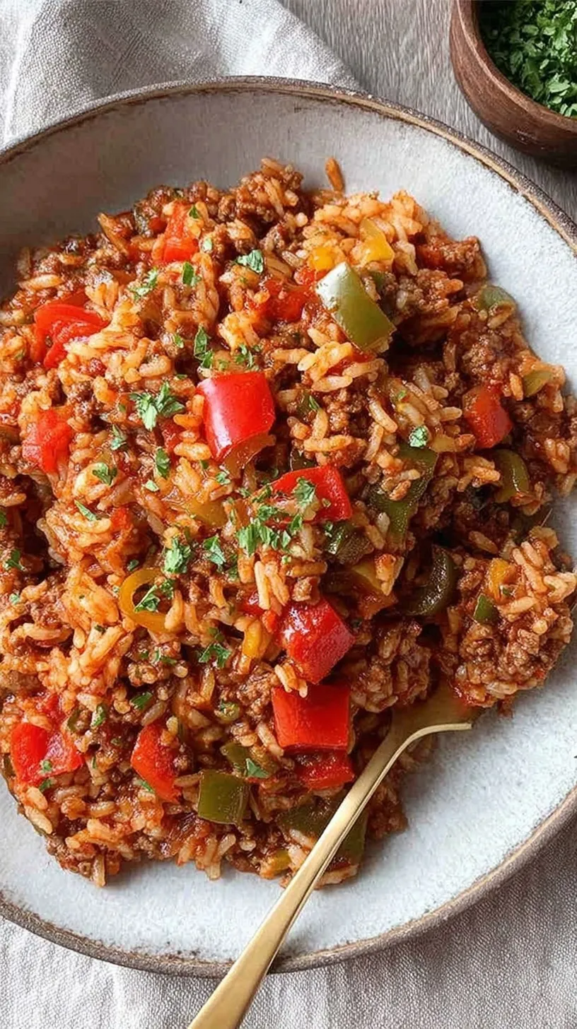 A colorful skillet filled with ground beef, bell peppers, rice, and melted cheddar cheese topped with fresh parsley.