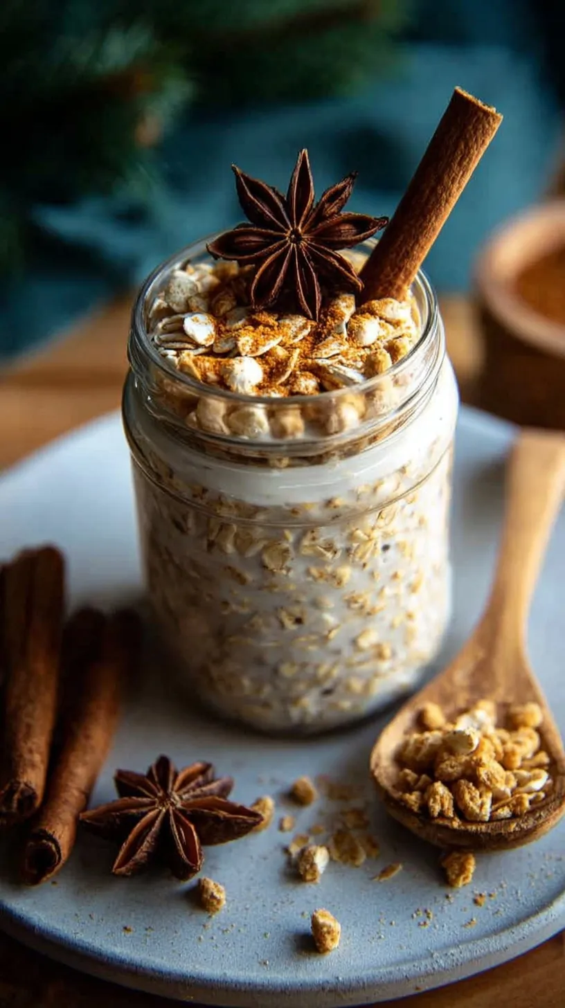 Two mason jars filled with creamy vanilla chai overnight oats topped with a sprinkle of cinnamon.