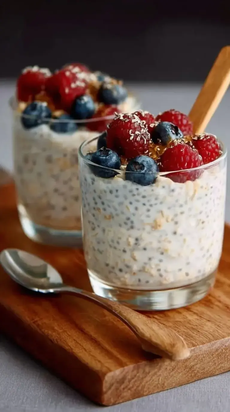 A glass jar filled with creamy vanilla overnight oats topped with fresh berries and a drizzle of honey.