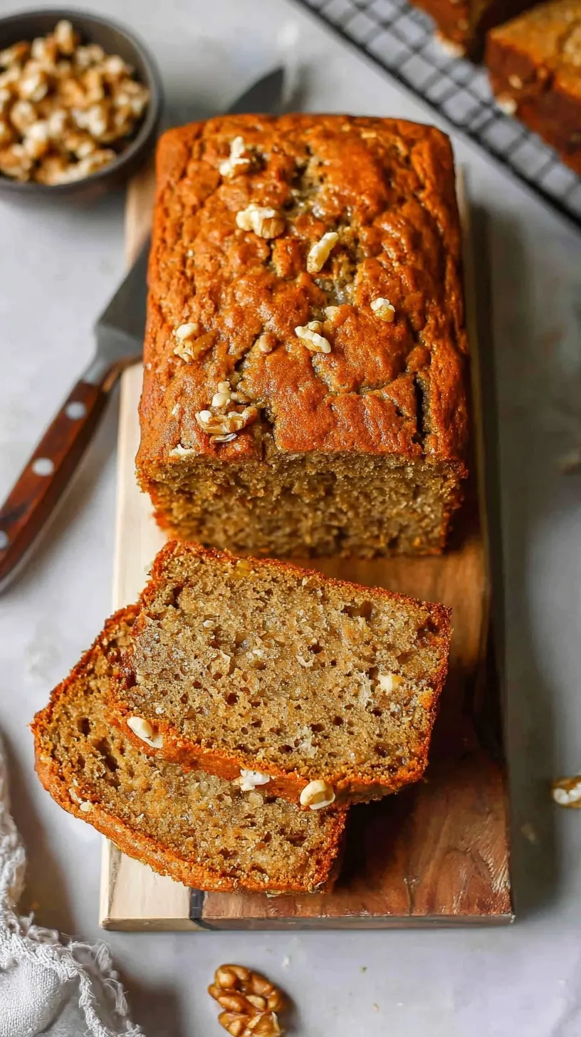 A golden brown loaf of vegan banana bread sliced on a wooden board with a linen napkin.