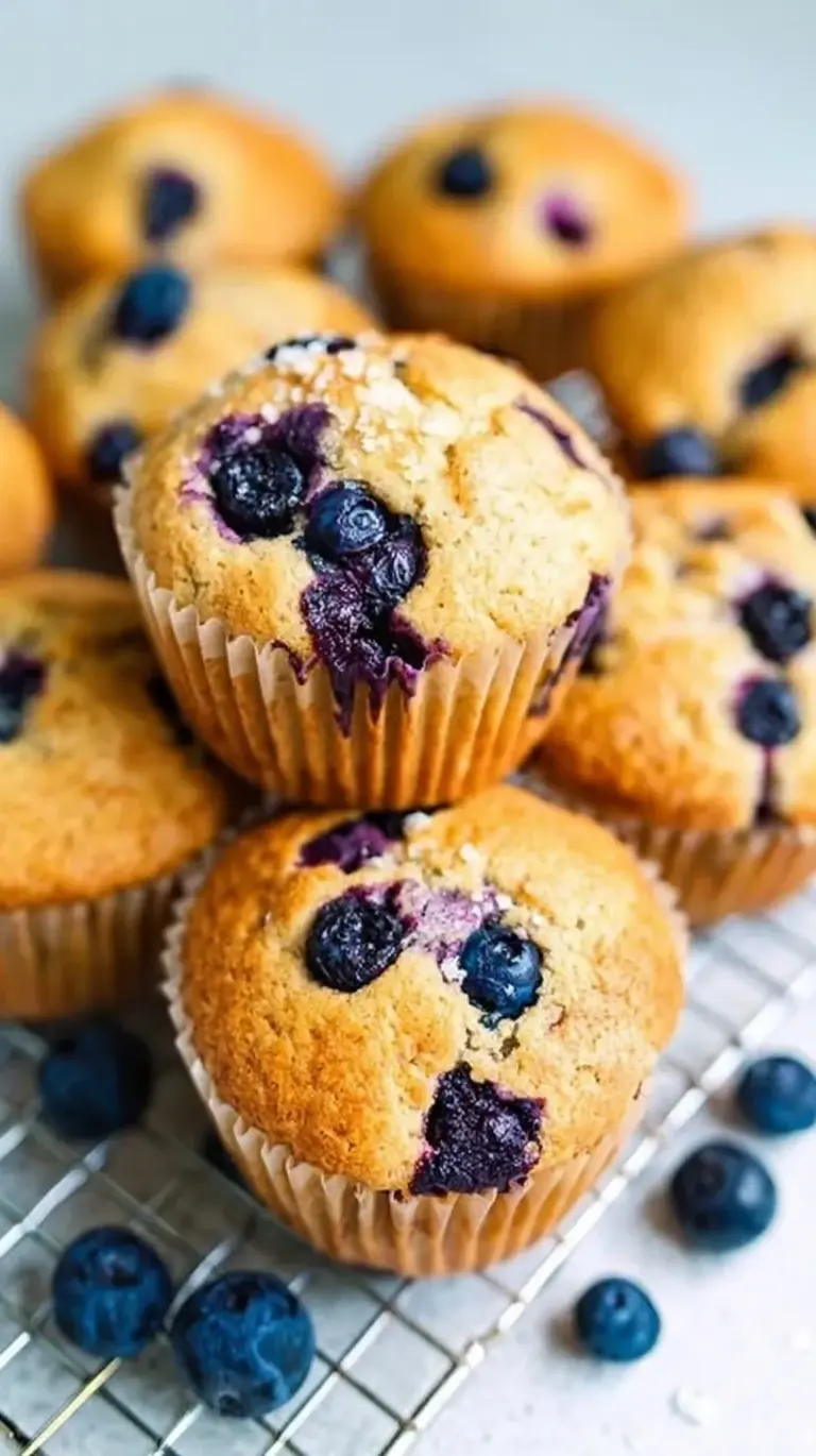 Freshly baked vegan blueberry muffins on a wire rack with lemon zest