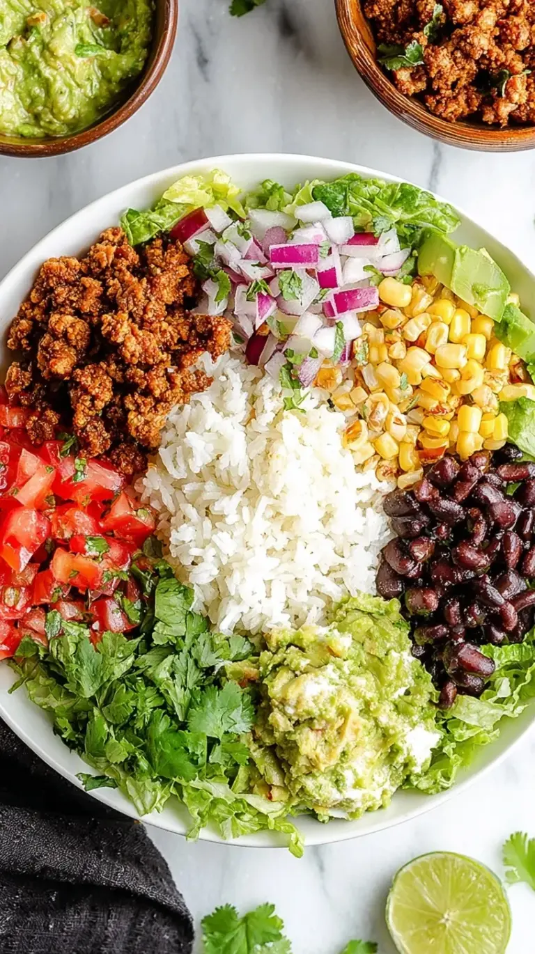 A vibrant vegan burrito bowl with brown rice, black beans, corn, and fresh avocado slices in a white bowl.