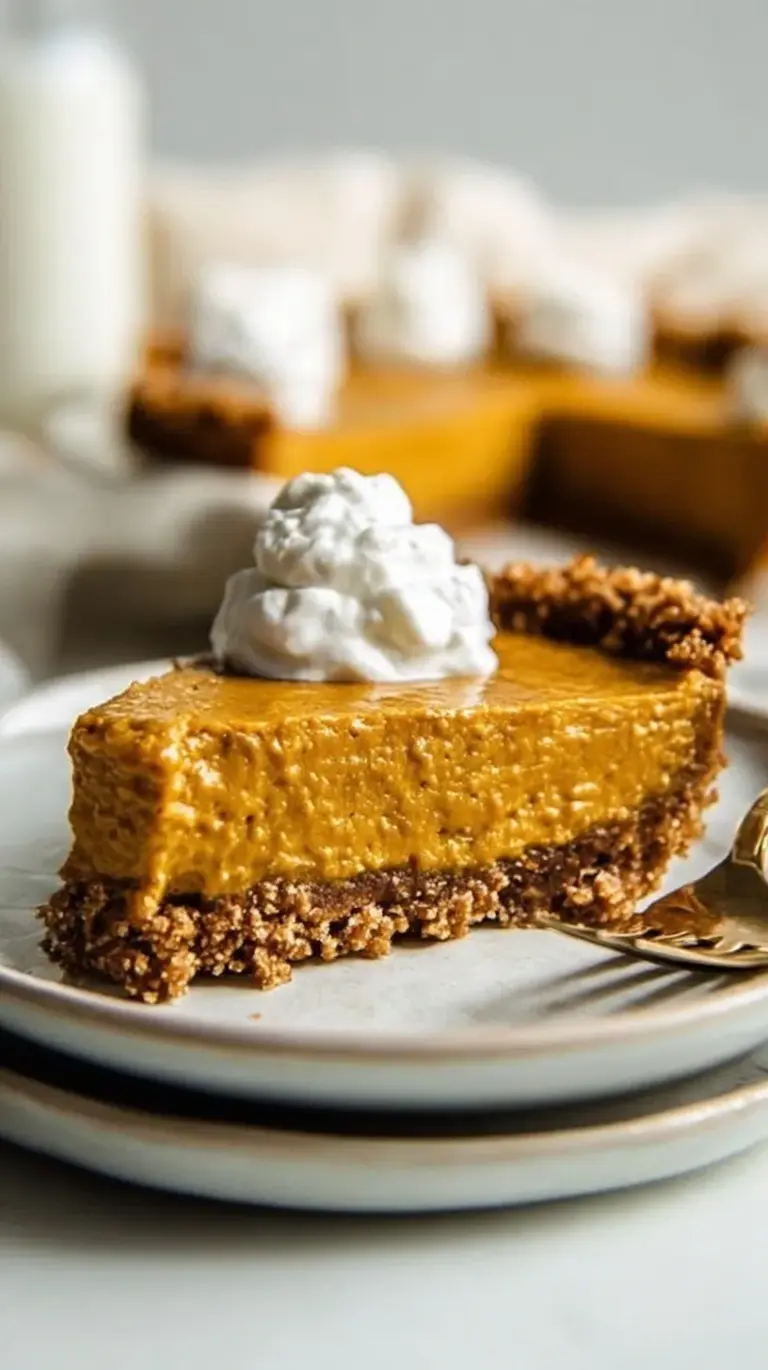 A slice of smooth vegan pumpkin pie on a white plate with a dollop of cream