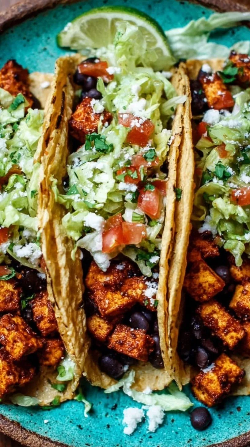 Fresh vegan tofu tacos with black beans, avocado slices, and red onion on corn tortillas.