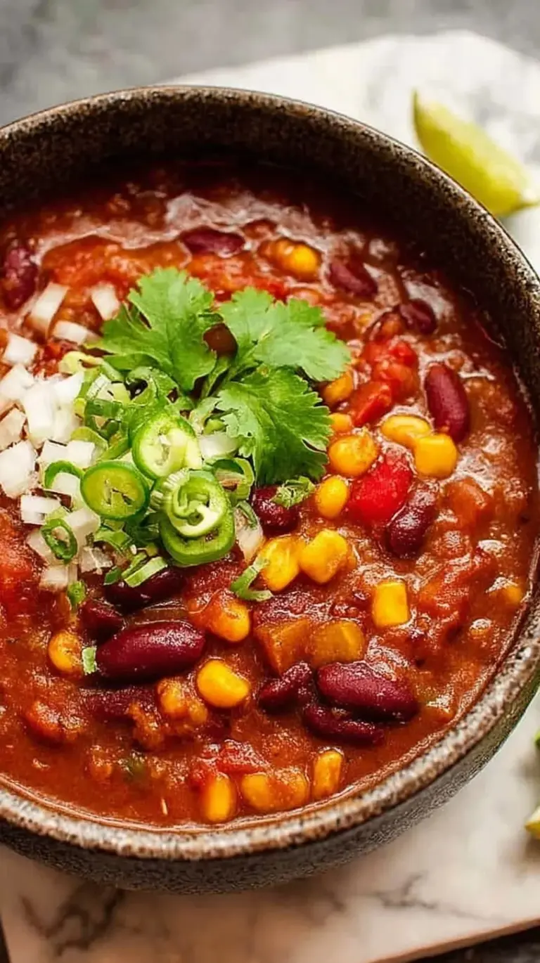 A steaming bowl of thick three bean chili topped with fresh cilantro and avocado