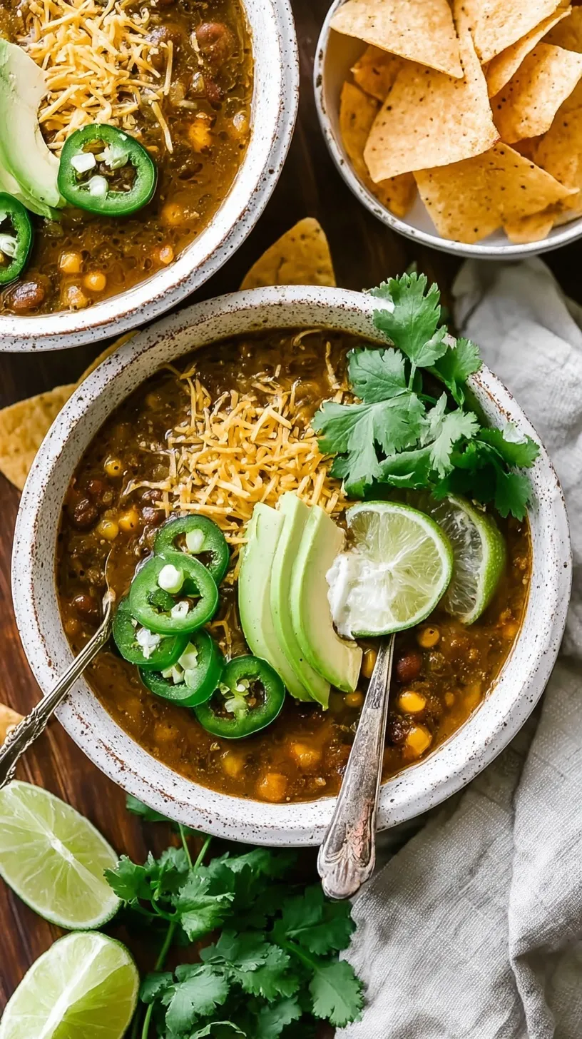 A warm bowl of vegetarian green chili topped with fresh avocado and cilantro.