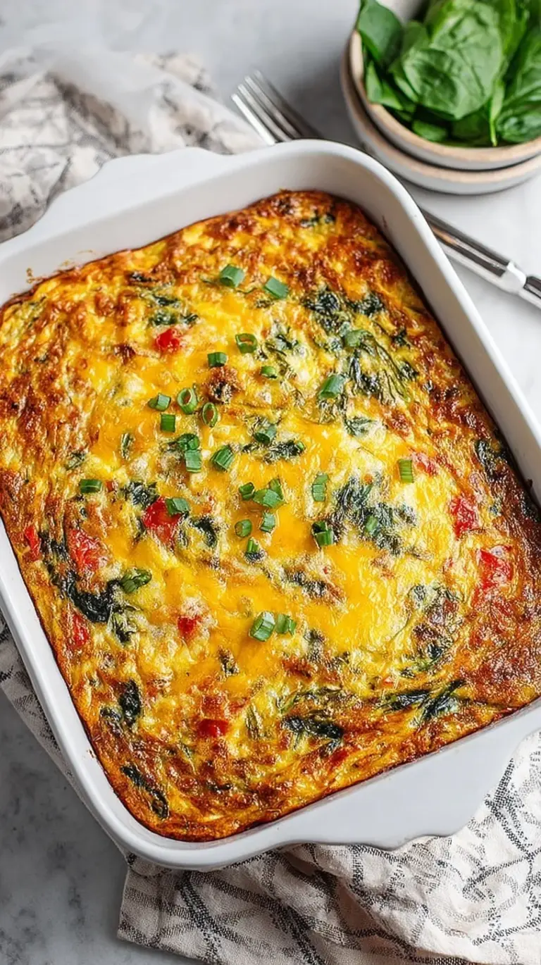 A golden brown vegetarian hash brown breakfast casserole in a glass baking dish with melted cheese and fresh spinach.