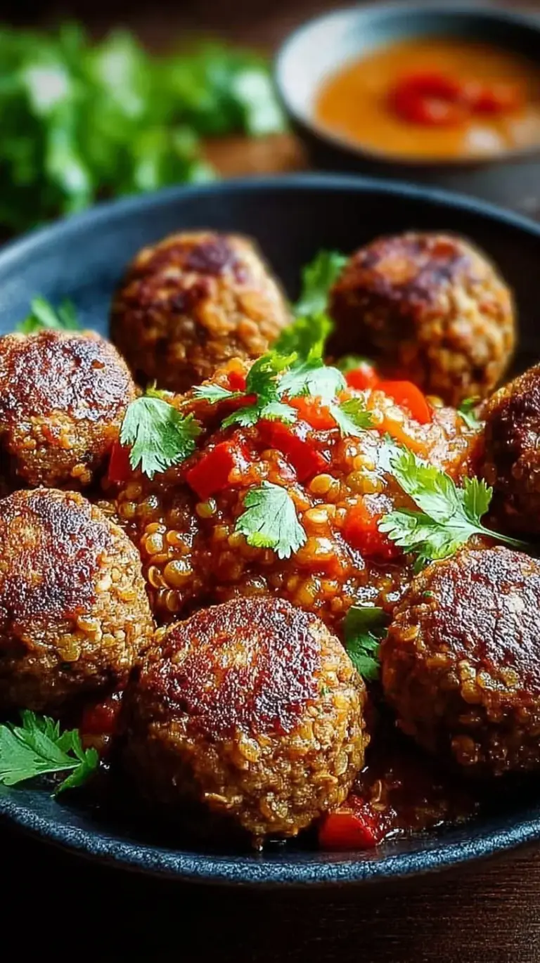 A tray of golden-brown vegetarian lentil meatballs served with fresh herbs