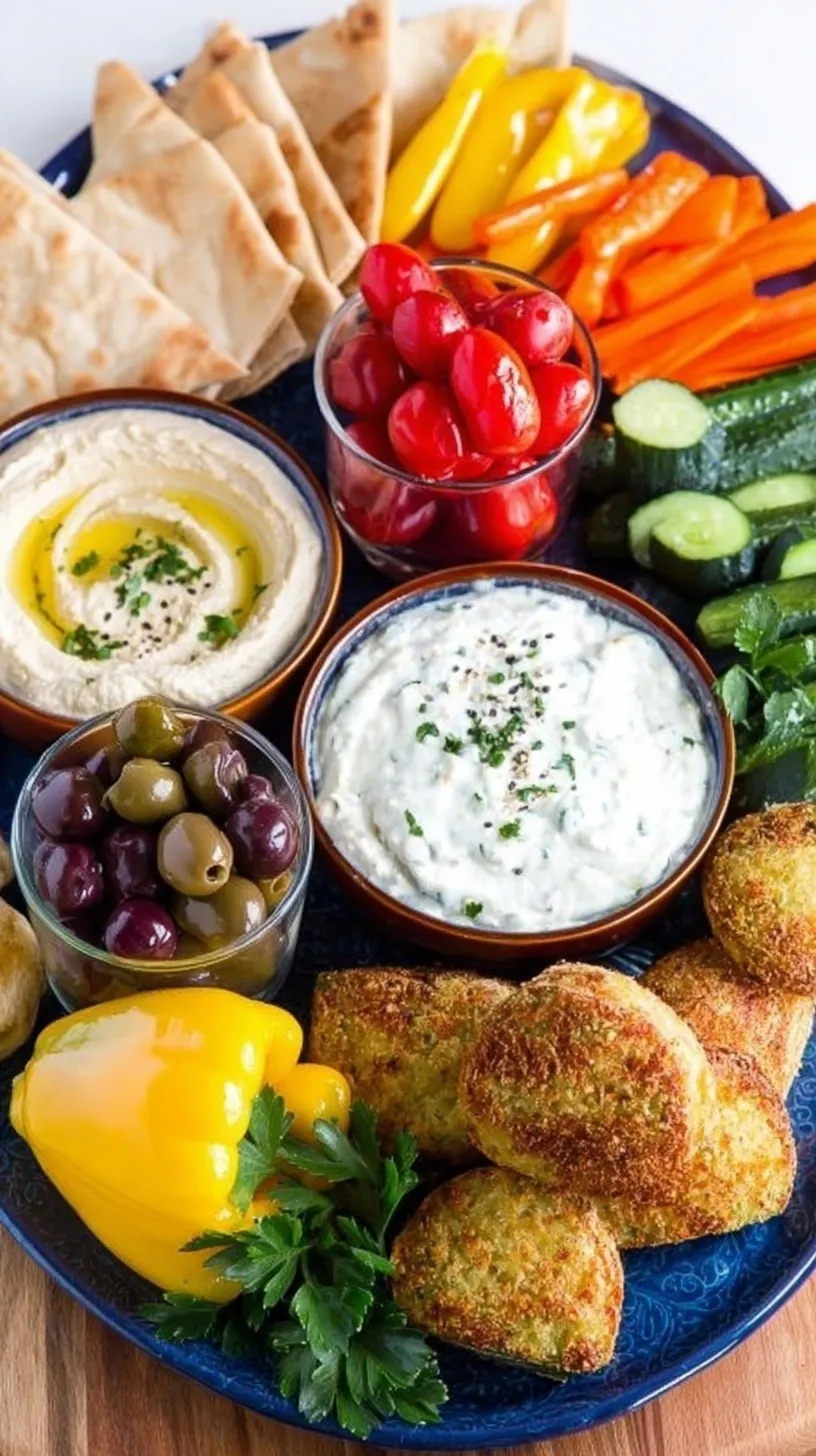 A colorful Mediterranean vegetarian mezze platter with hummus, falafel, and fresh vegetables on a wooden board.