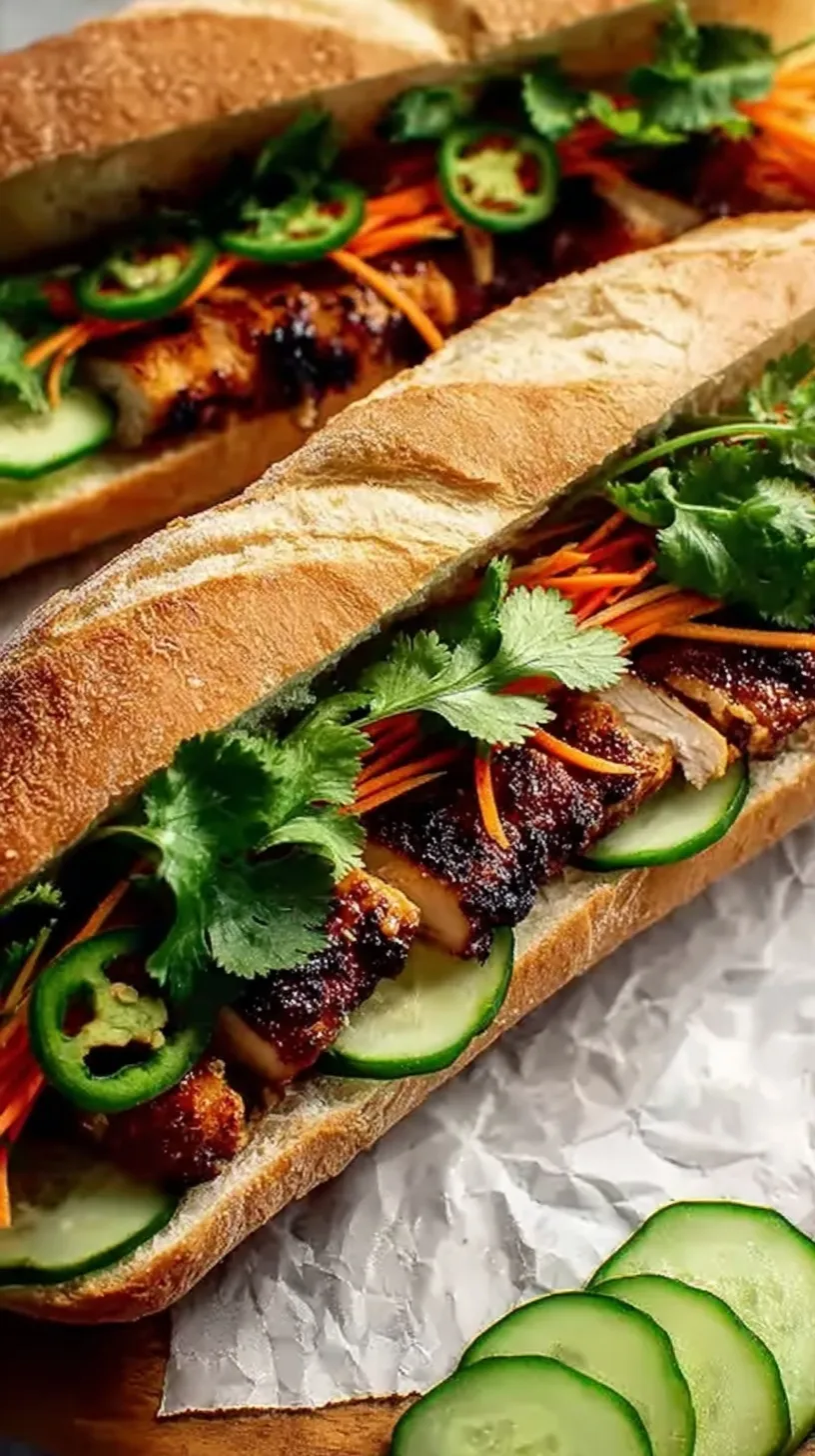 A crusty baguette filled with grilled chicken, pickled daikon, carrots, cucumber, and fresh cilantro.
