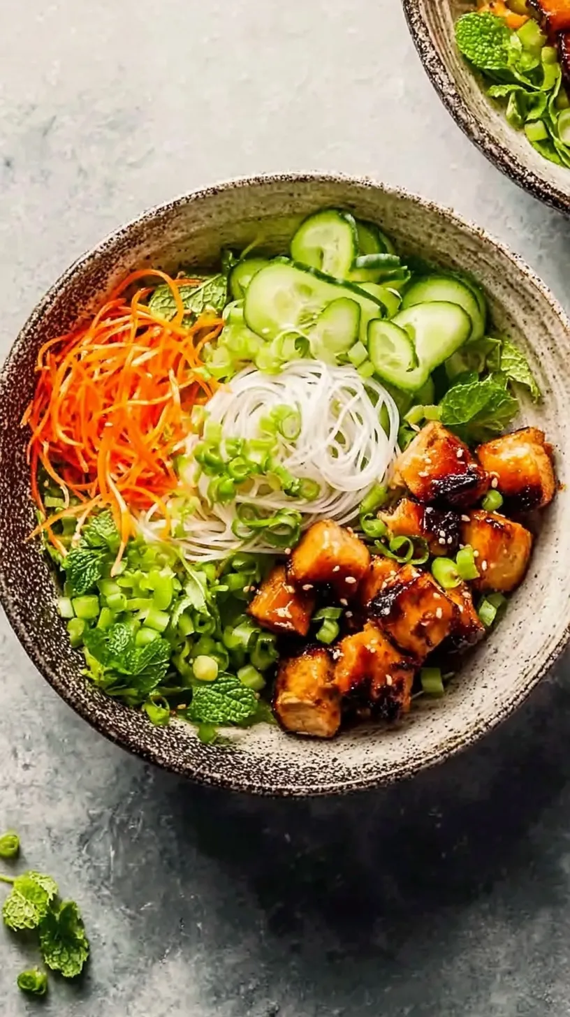 A vibrant bowl of Vietnamese chicken noodle salad with fresh herbs and peanuts
