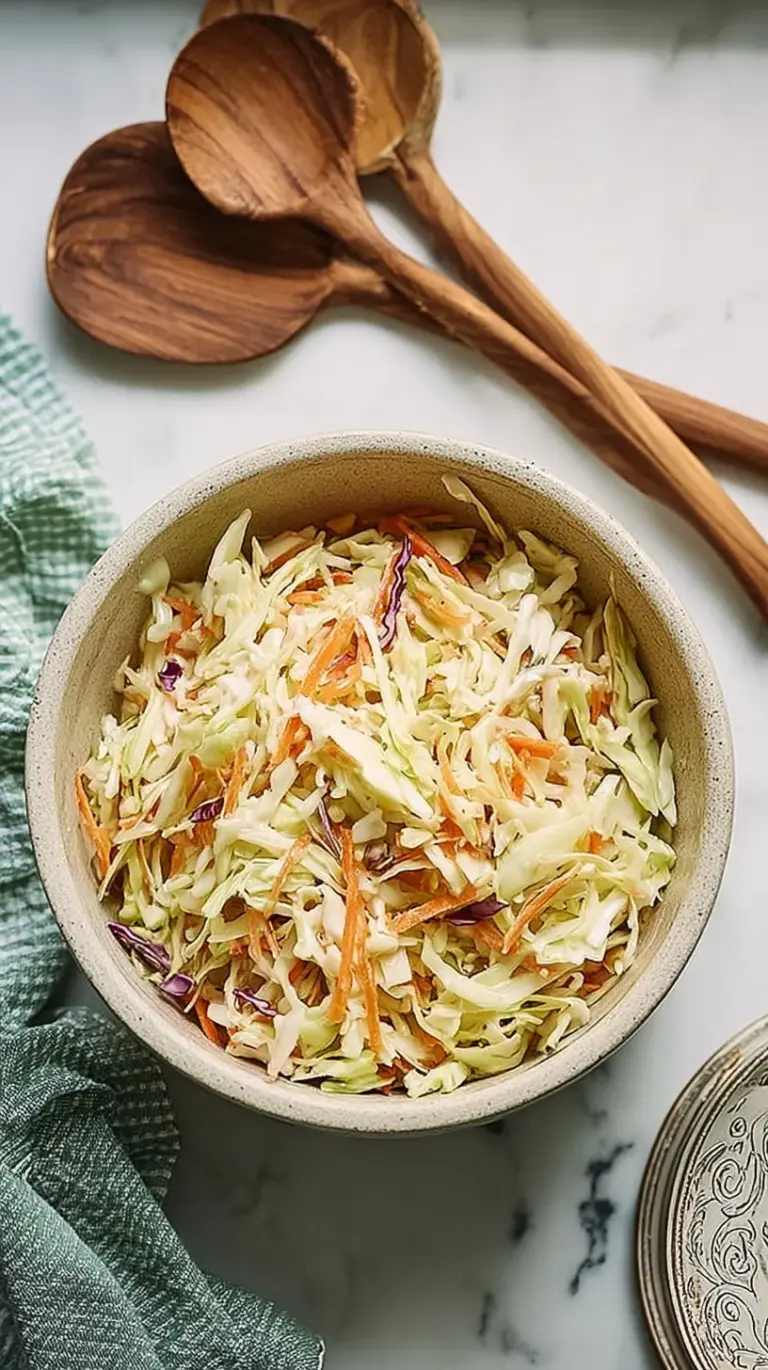 A large bowl of crisp shredded cabbage and carrots tossed in a clear vinegar dressing