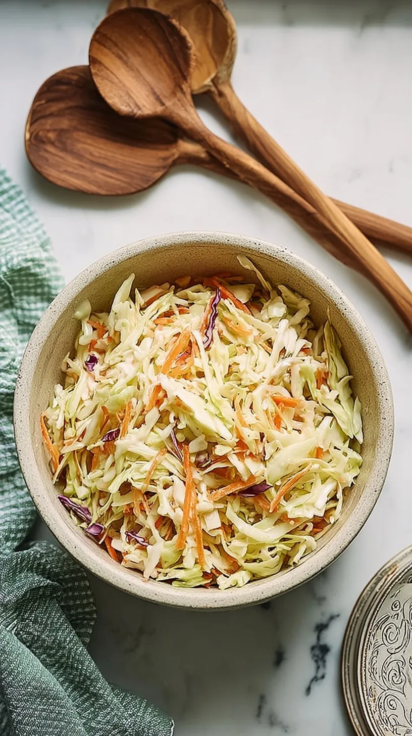 A large bowl of crisp shredded cabbage and carrots tossed in a clear vinegar dressing