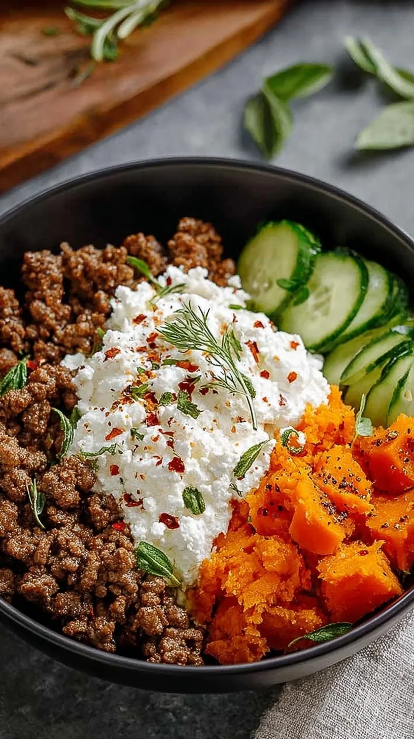 A vibrant bowl with roasted sweet potato cubes, seasoned ground beef, and a scoop of creamy cottage cheese topped with green onions.