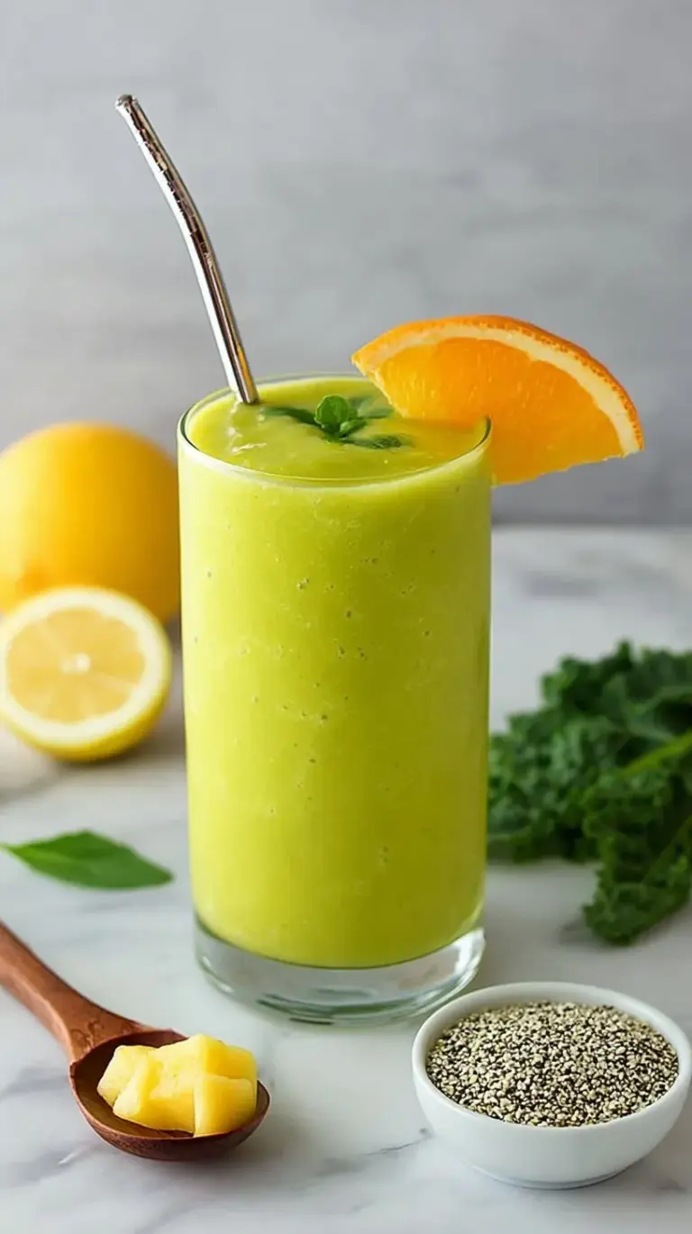 A bright orange and pink Vitamin C smoothie in a glass with a straw and fresh kiwi slices.
