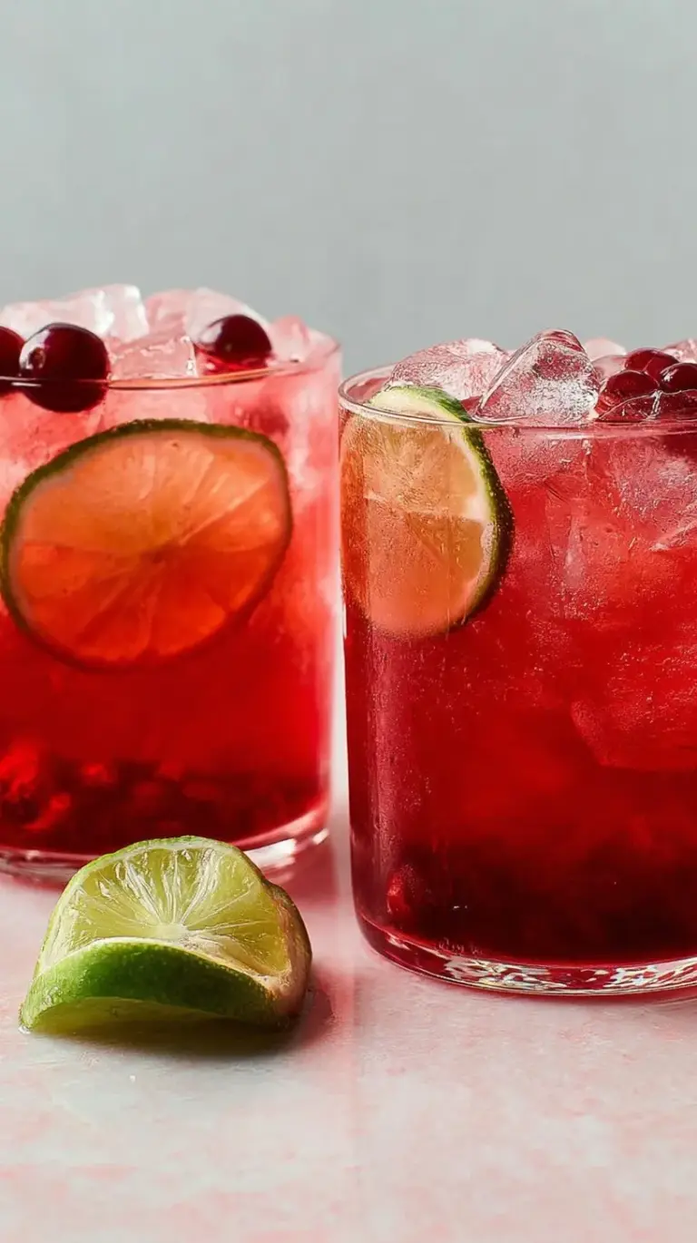 A tall highball glass filled with a red Vodka Cranberry with Lime cocktail, ice, and a lime wedge garnish.