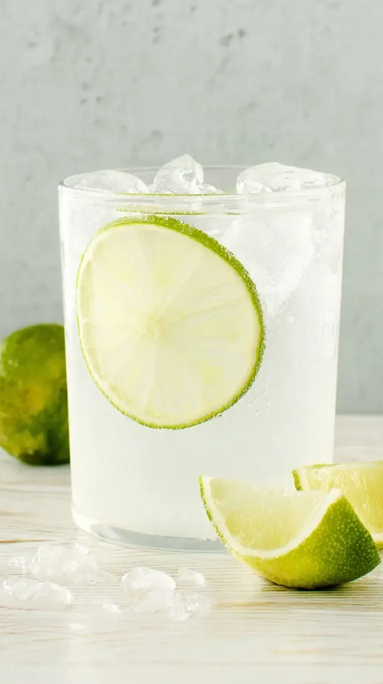 A tall highball glass filled with a clear vodka soda, ice cubes, and a fresh lime wedge garnish.