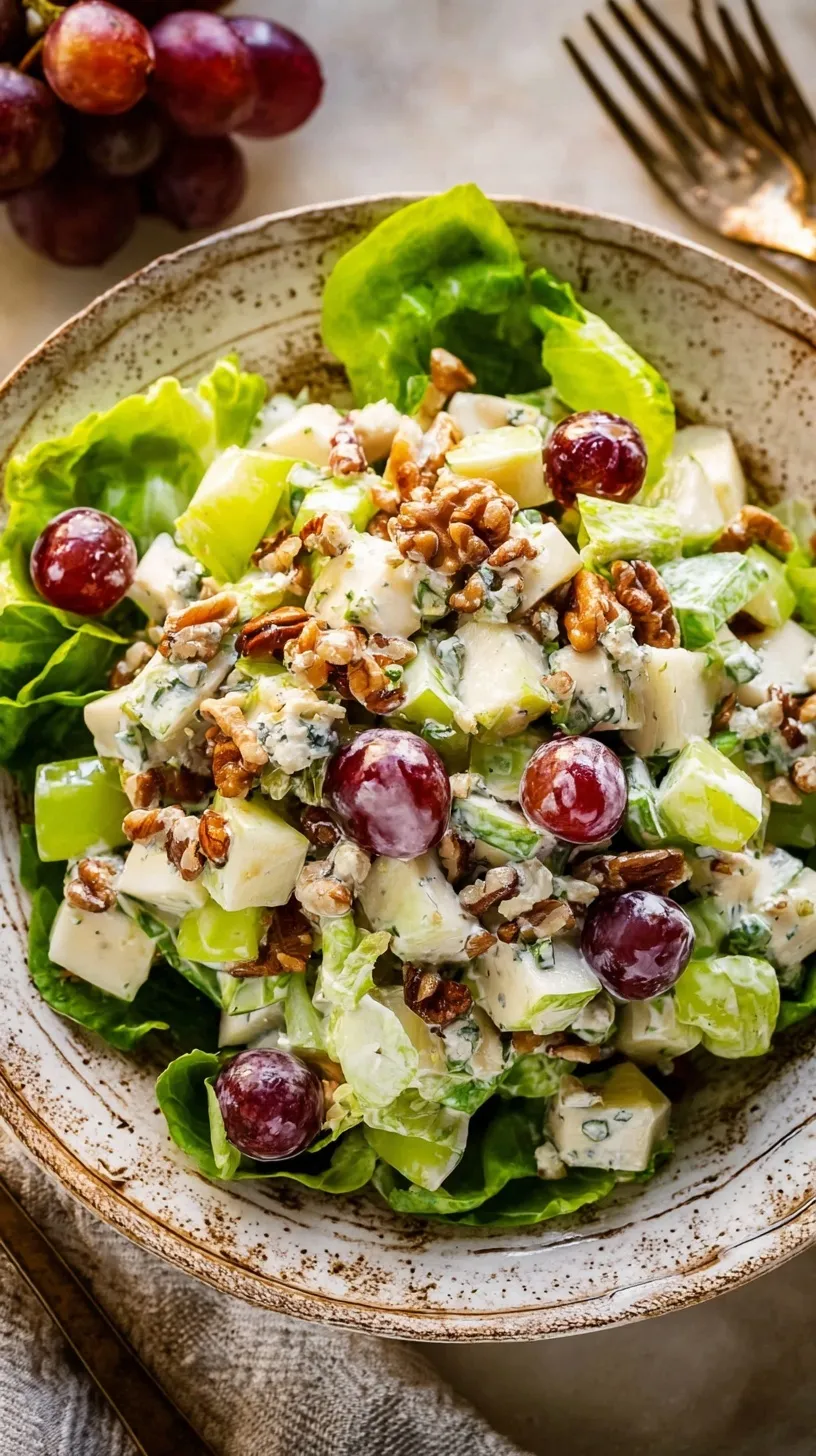 A bowl of creamy Waldorf salad with apples, grapes, and walnuts on lettuce leaves