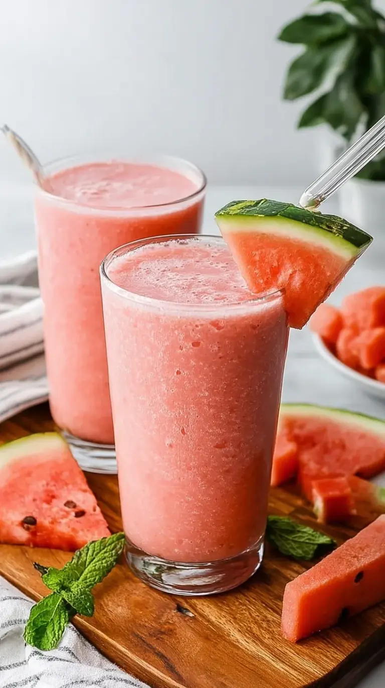 A vibrant pink watermelon smoothie in a glass with fresh mint garnish
