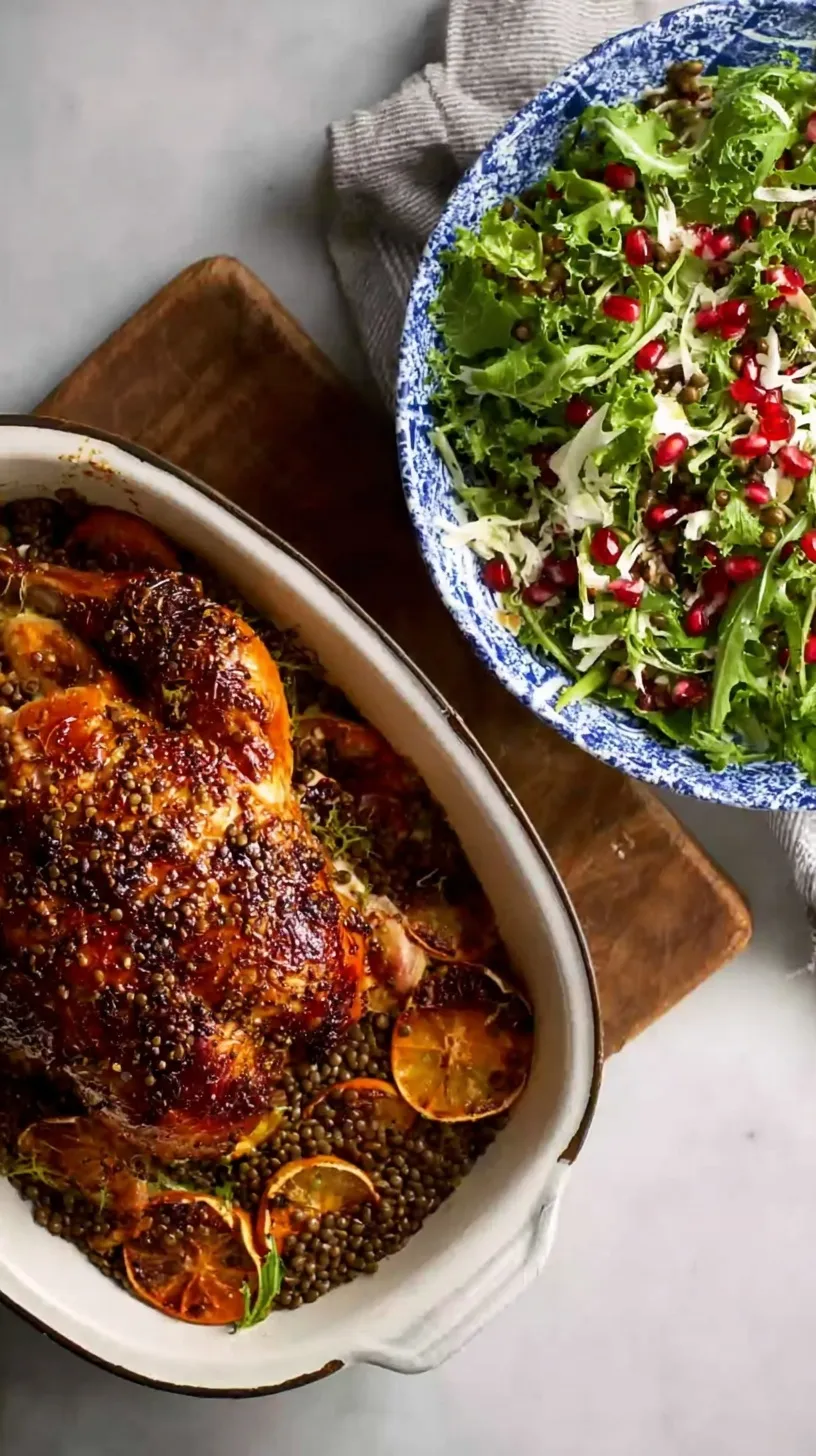 A warm roast chicken and lentil salad served on a white plate with fresh spinach and red onion.