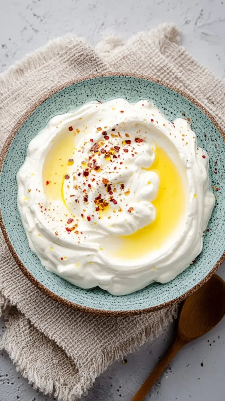 A bowl of smooth, creamy whipped cottage cheese topped with olive oil and sea salt.