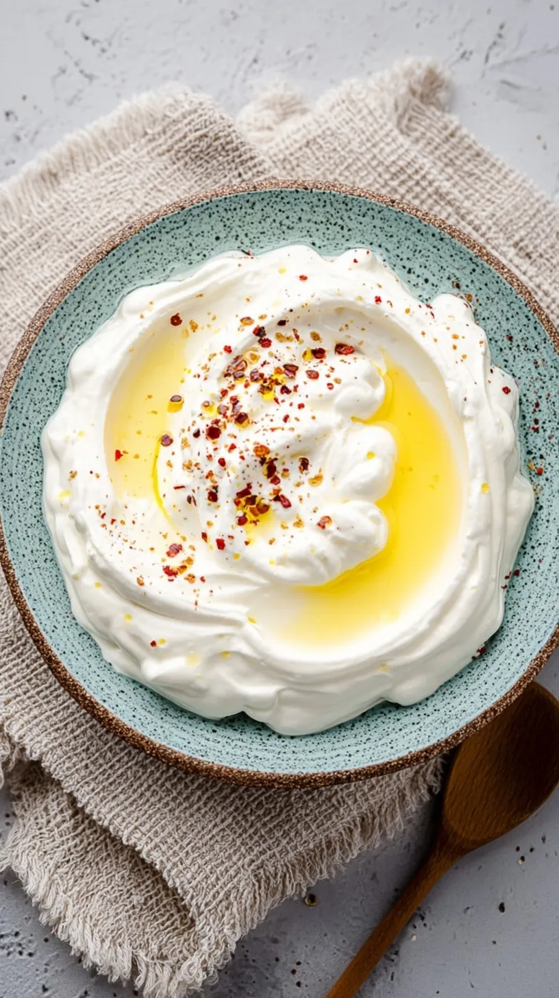 A bowl of smooth, creamy whipped cottage cheese topped with olive oil and sea salt.
