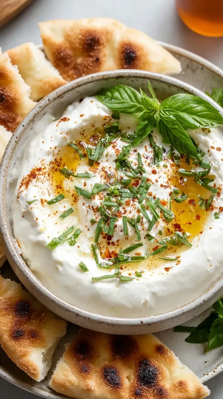 A bowl of creamy whipped feta dip topped with olive oil and fresh herbs