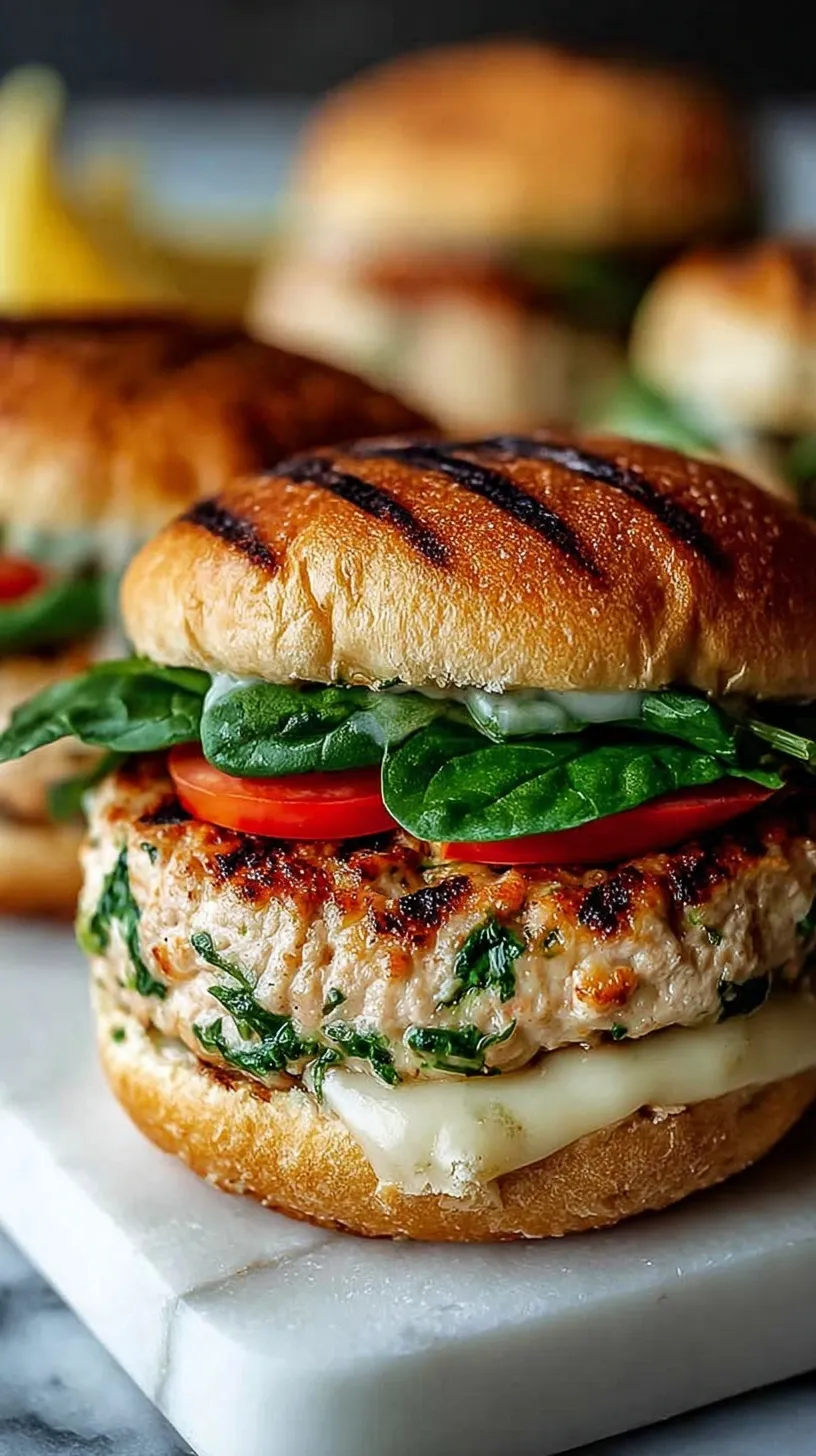 A juicy chicken burger with melted white cheddar and green spinach on a toasted brioche bun.