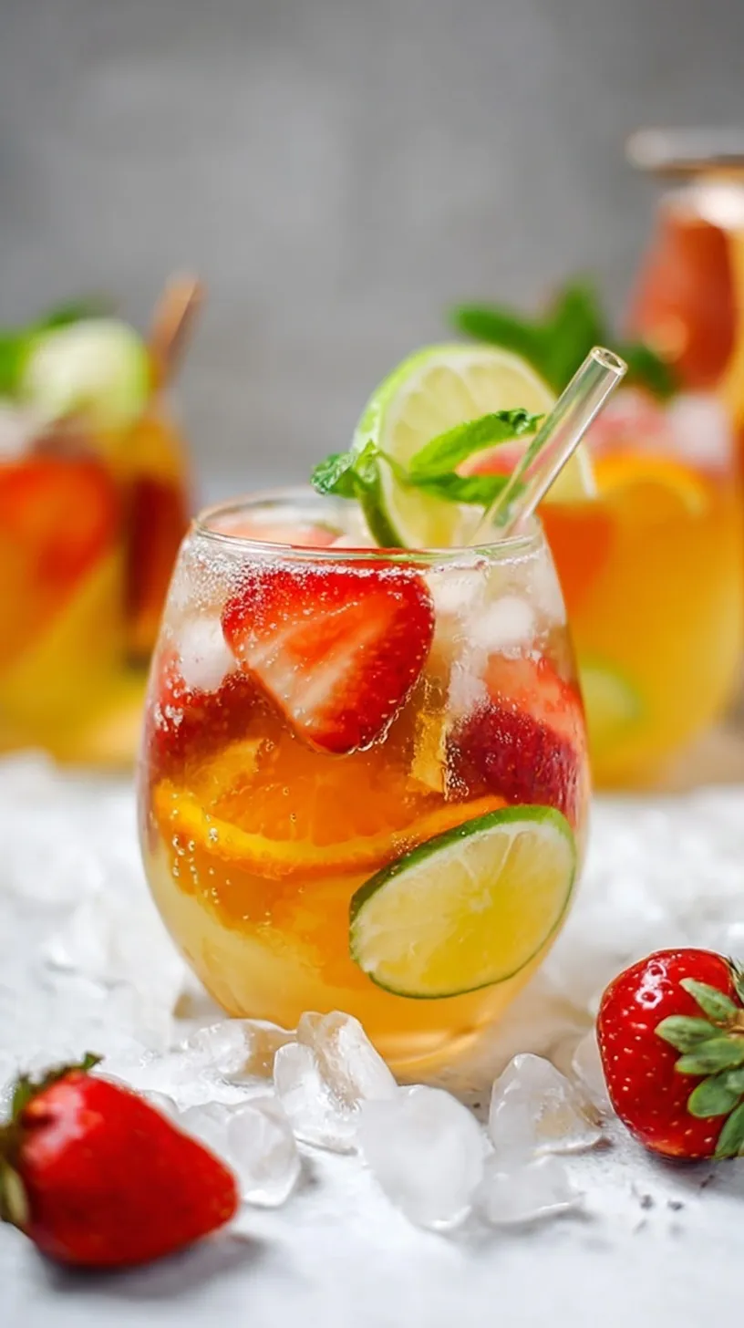 A glass pitcher filled with white wine sangria, sliced citrus fruits, and green apples.