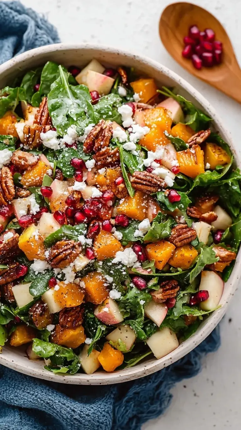 A colorful winter kale salad with roasted butternut squash, pomegranate seeds, and goat cheese in a ceramic bowl.