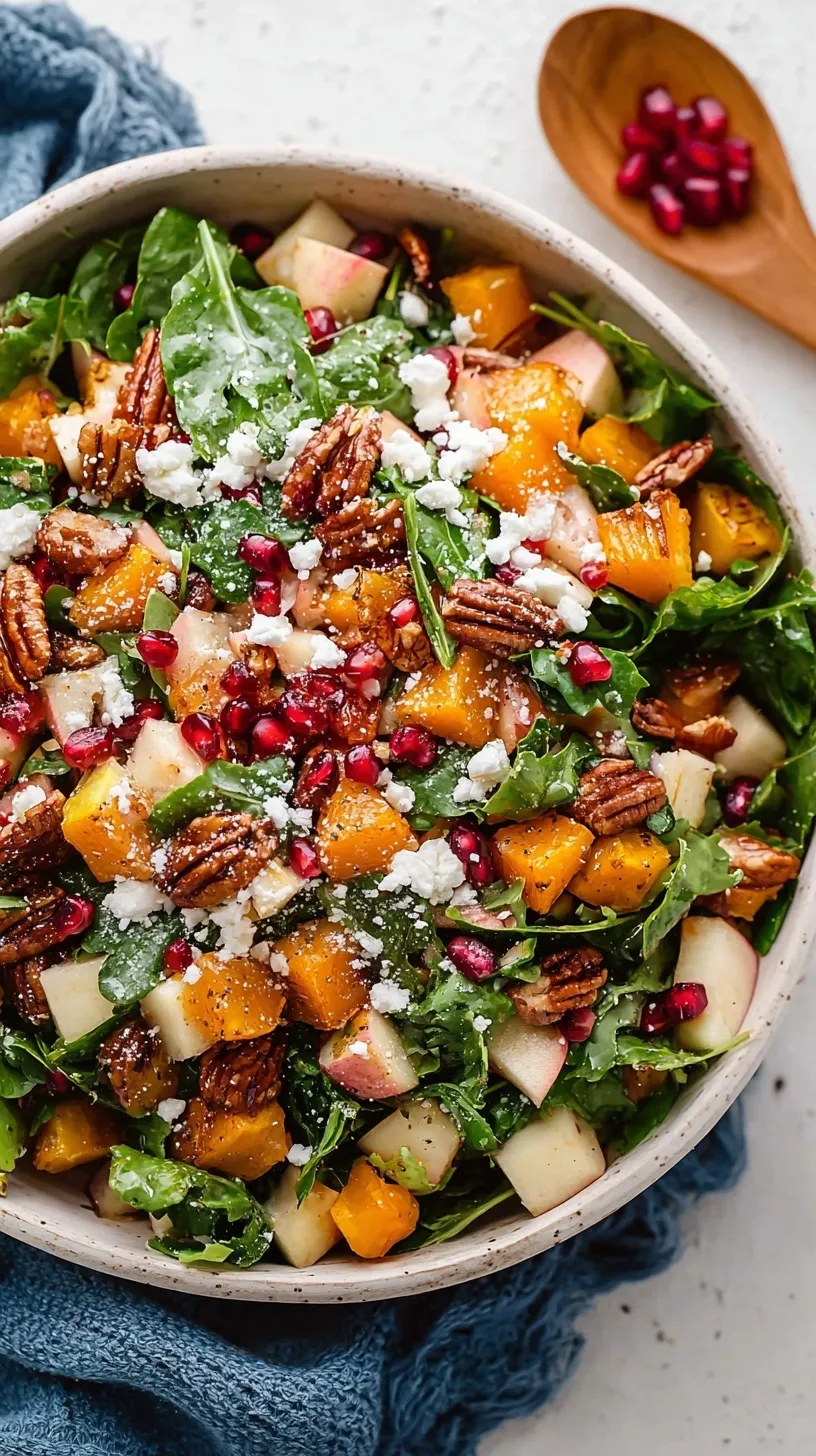 A colorful winter kale salad with roasted butternut squash, pomegranate seeds, and goat cheese in a ceramic bowl.