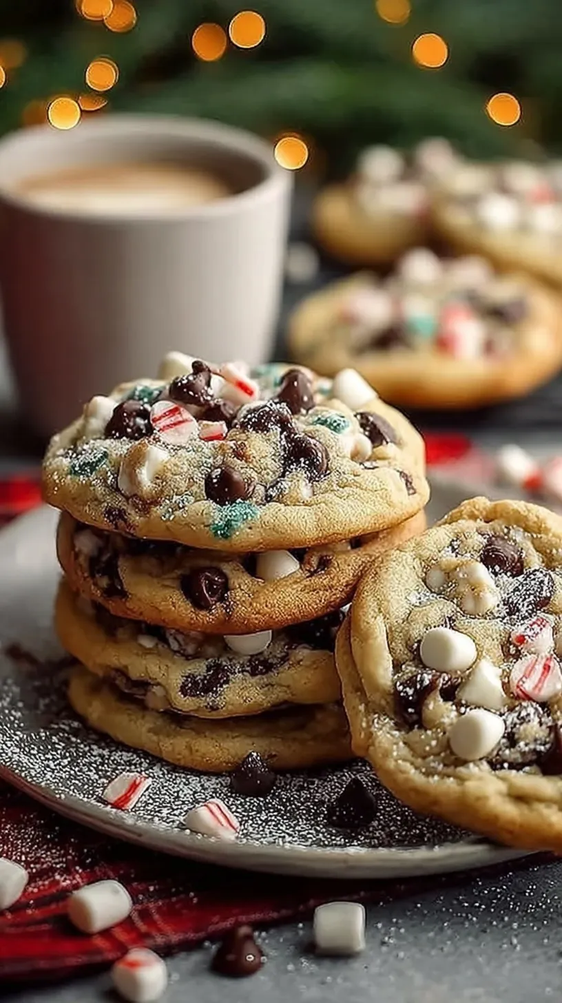 Freshly baked winter chocolate chip cookies dusted with powdered sugar on a wire rack.