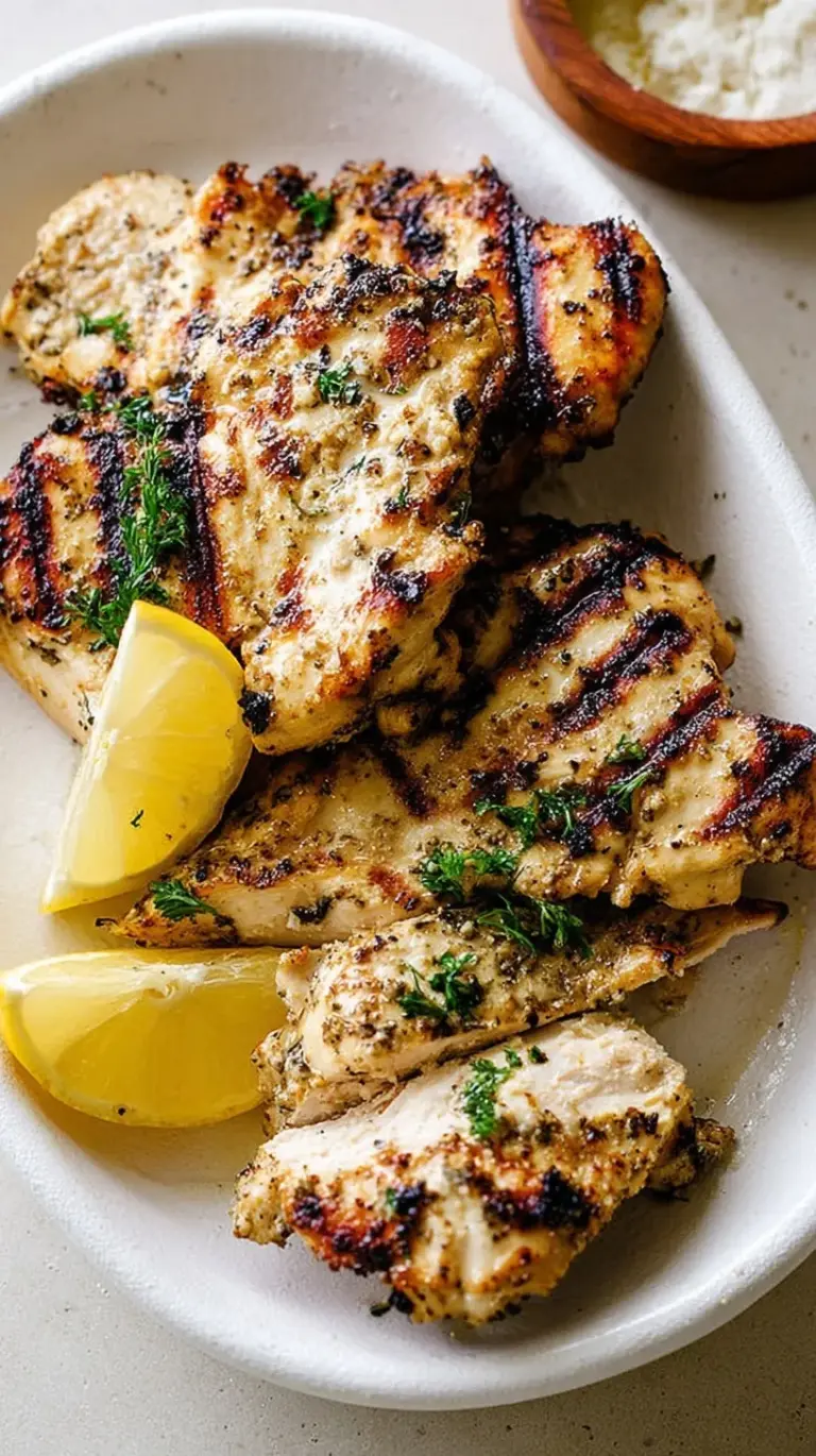 Grilled yogurt marinated chicken thighs served on a platter with fresh lemon wedges and herbs