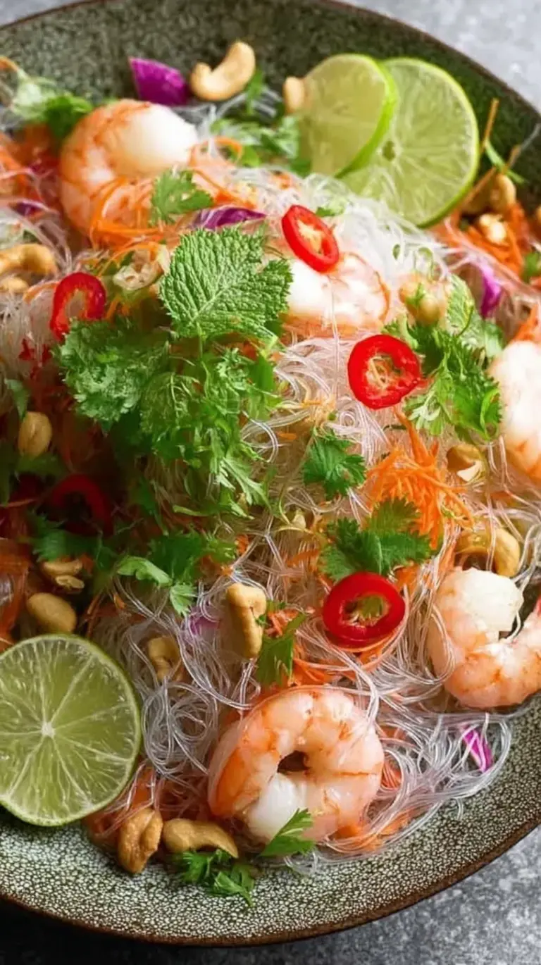 A vibrant Thai glass noodle salad with shrimp, pork, and fresh cilantro in a ceramic bowl.