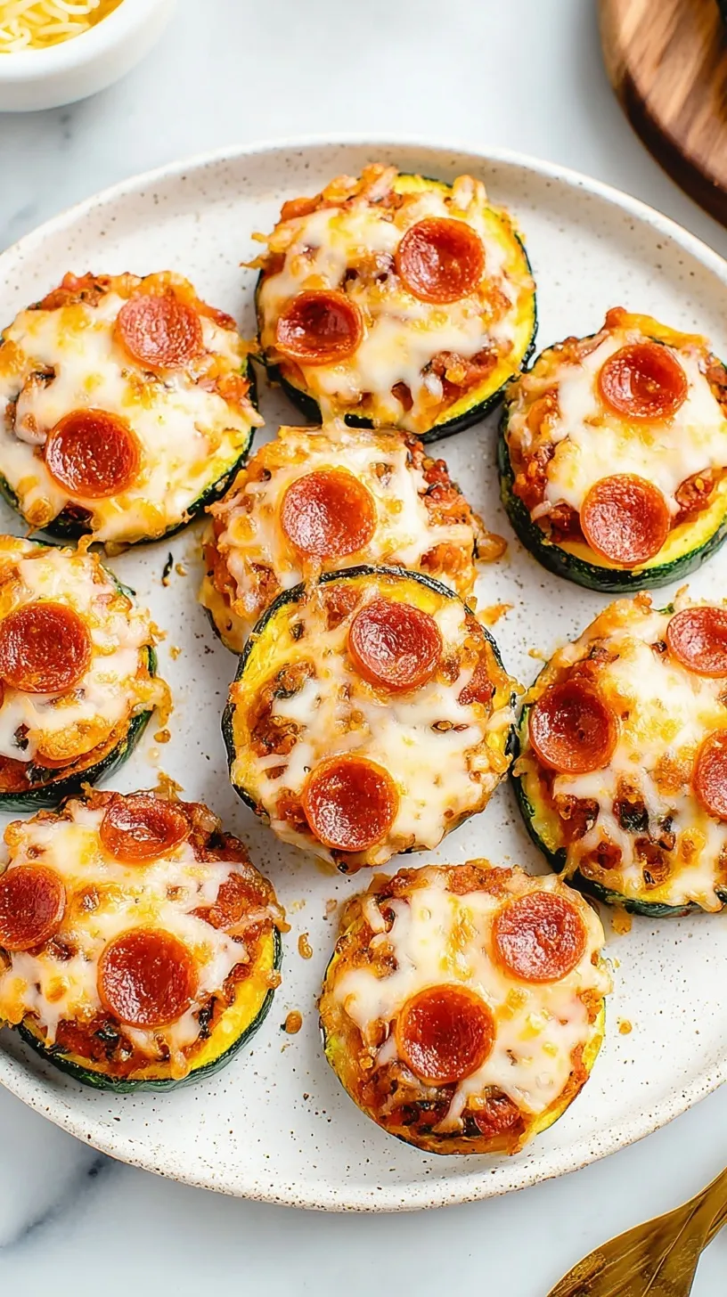 Golden roasted zucchini rounds topped with marinara, melted mozzarella cheese, and mini pepperoni slices on a baking sheet.
