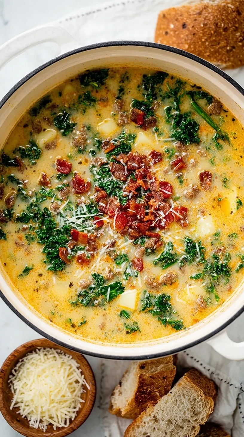 A steaming bowl of Zuppa Toscana soup with crispy bacon and parmesan garnish